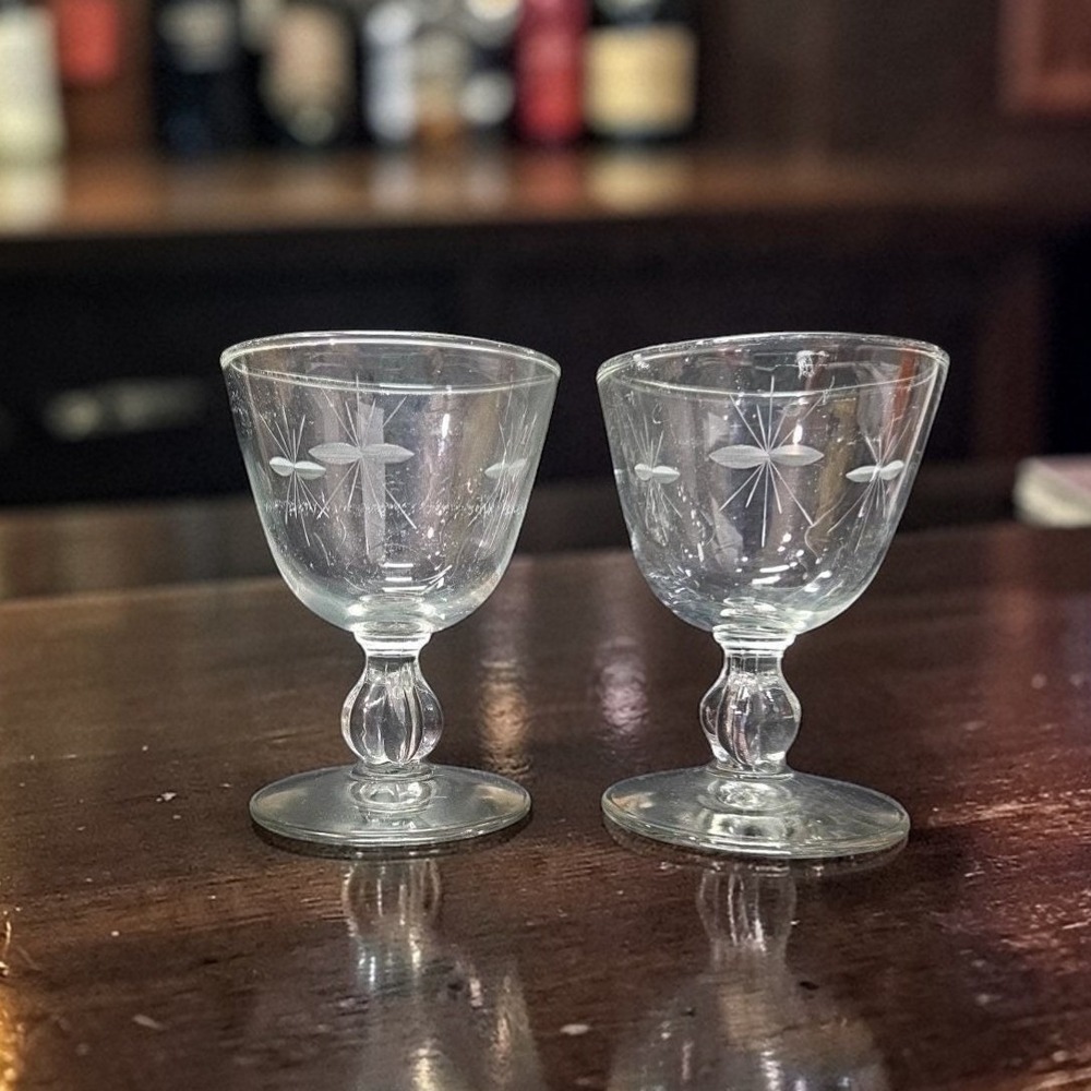 Libbey Rock Sharpe Starglow Cocktail‎ Goblets, Set Of 2, Etched Glassware, #8900